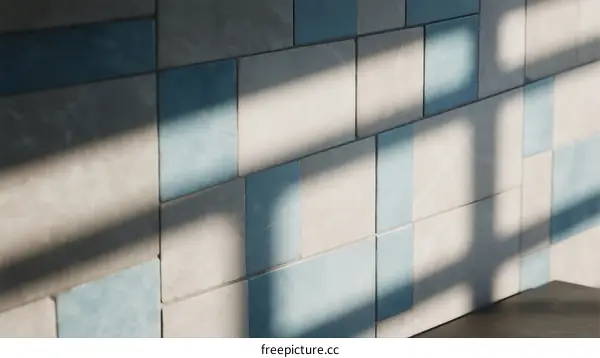 Modern Wall with Blue and White Ceramic Tiles in Sunlight
