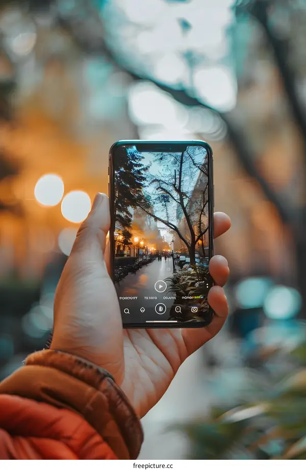 Hand Holding Phone Capturing Cityscape During Sunset