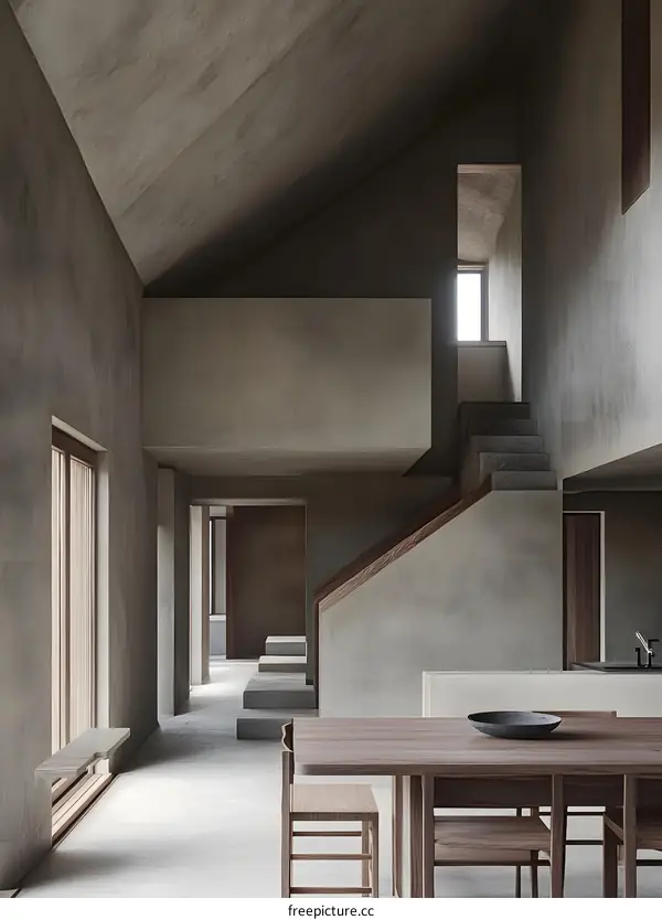 Minimalist Interior Design with Concrete Walls and Wooden Furniture