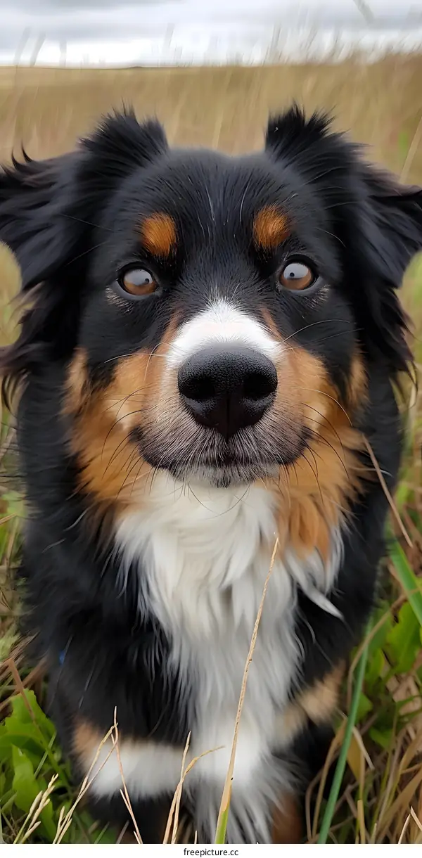 A close-up of a black-tri Australian Shepherd dog