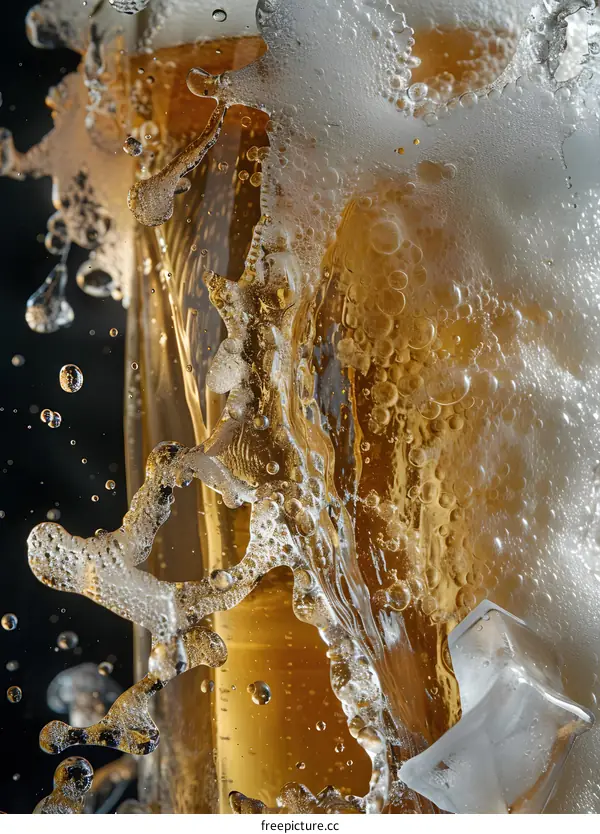 Close Up of Beer Foam Bubbles and Ice