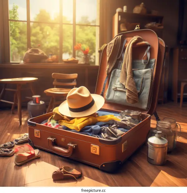 Open suitcase with clothes and travel items