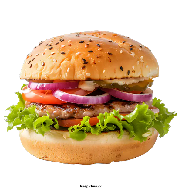 [Transparent Background PNG]Delicious Sesame Seed Burger with Lettuce, Tomato, Onion and Pickles