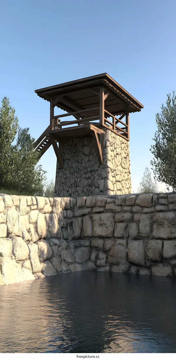 Stone Tower with Wooden Roof Overlooking a Small Pond