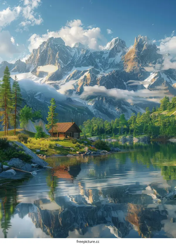 Serene Mountain Lake Chalet Reflection
