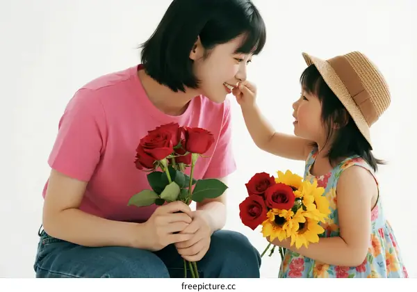Mother and daughter sharing a tender moment with flowers