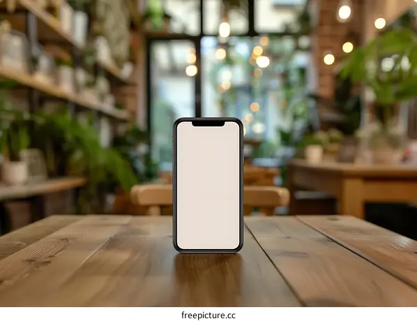 Blank Screen Smartphone on Wooden Table in Coffee Shop