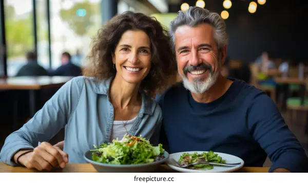 A couple is sitting at a table in a restaurant and eating salad.