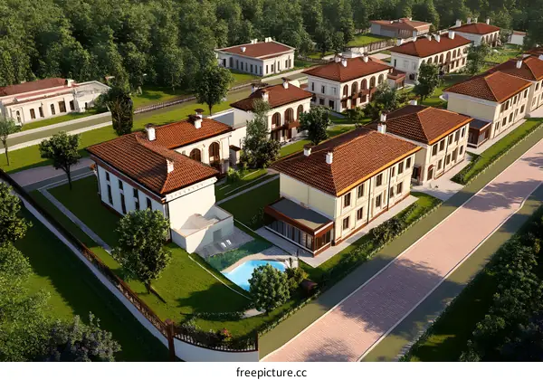 Aerial View of a Row of Houses with Red Tile Roofs and Green Lawns