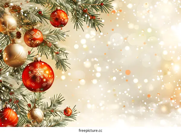 Christmas background with fir branches and red and gold balls