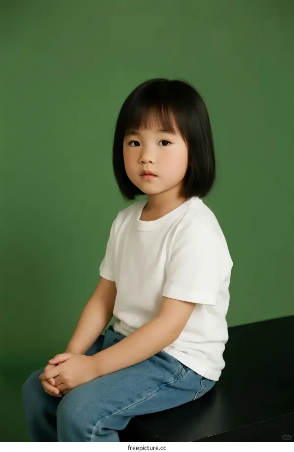 Little Asian Girl with Short Black Hair Sitting on Bench