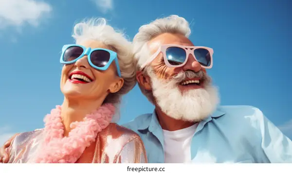 A happy elderly couple wearing sunglasses is smiling.