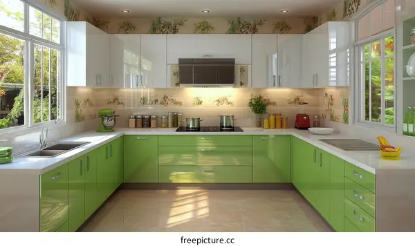 Modern L-shaped Kitchen Design with Green Cabinets