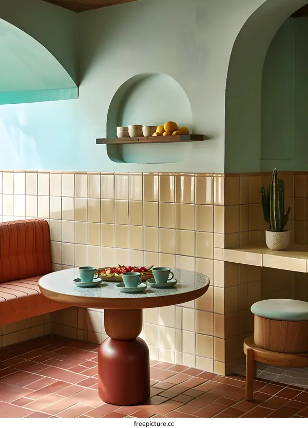 Mid Century Modern Kitchen Interior With Green Tiles And Round Table