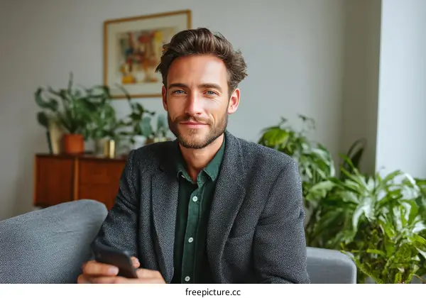 Portrait of a Caucasian Man Holding a Mobile Phone