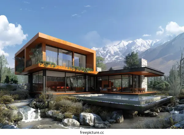 Modern Mountain Home Exterior with Pool and Mountain Views