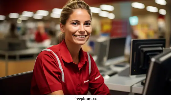 Portrait of a smiling young woman wearing a red polo shirt in a supermarket