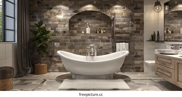Bathroom interior with brick wall and freestanding bathtub