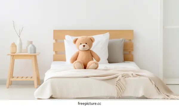 A cute teddy bear sitting on a bed in a child's bedroom