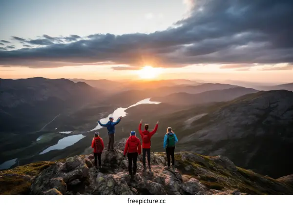 People celebrating the sunset over a mountain range