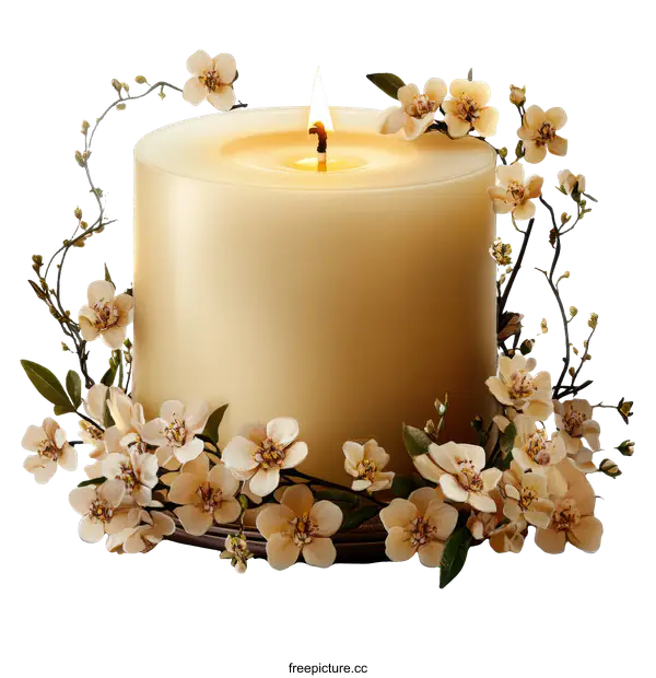 [Transparent Background PNG]Elegant Candle Decorated with Delicate Flowers
