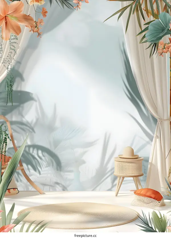 Tropical Summer Background with Palm Leaves and Sunlit Curtains