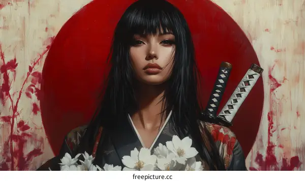 Asian Woman in Traditional Japanese Outfit with Swords and Sakura Blossoms