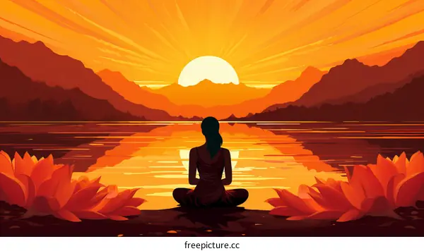girl meditating in front of lake at sunset