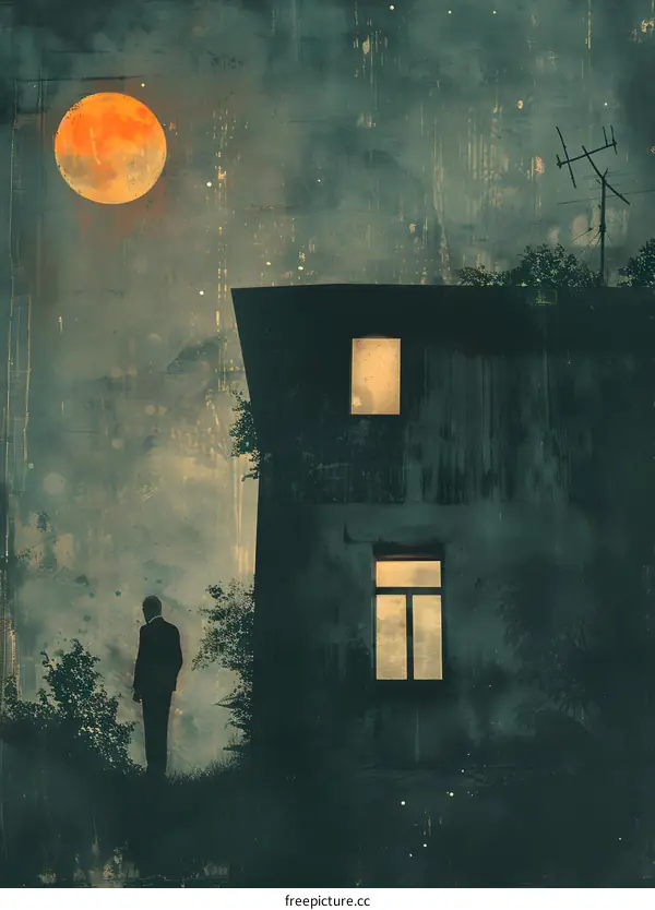 man looking at house under large red moon