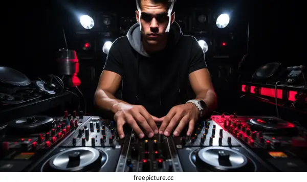 Male DJ Mixing Music at a Concert with a Dark Background