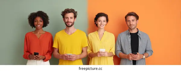 Four Diverse Individuals Using Smartphones Against Colorful Backgrounds