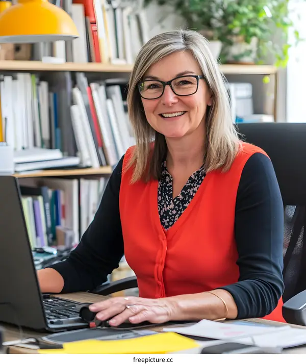 Smiling Businesswoman Working on Laptop in Office