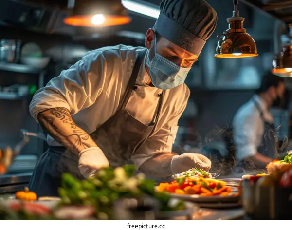 Chef in a Mask Prepares a Dish