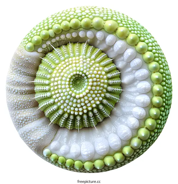 A 3D rendering of a spherical flower with green, white, and cream colored petals.