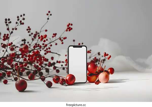 White Background with Red Berries and Smartphone Mockup