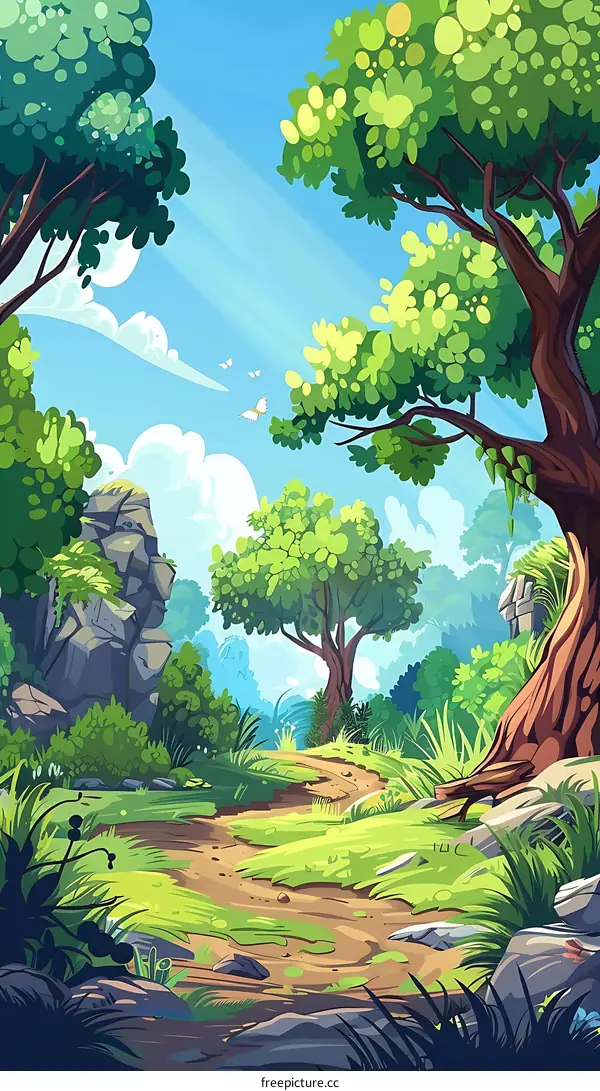 Beautiful Green Forest Path With Bright Sky