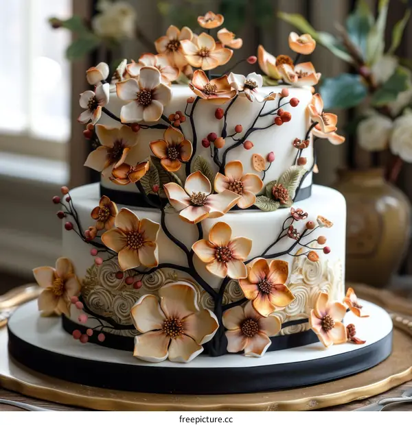 Artistic wedding cake decorated with orange and cream flowers