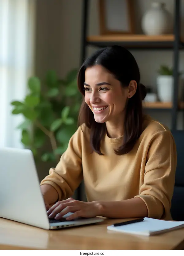 Happy Young Woman Working on Laptop in Home Office