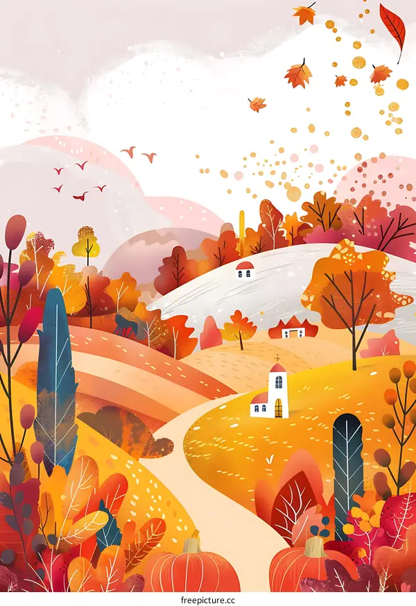 Autumn Landscape with Pumpkin and Church