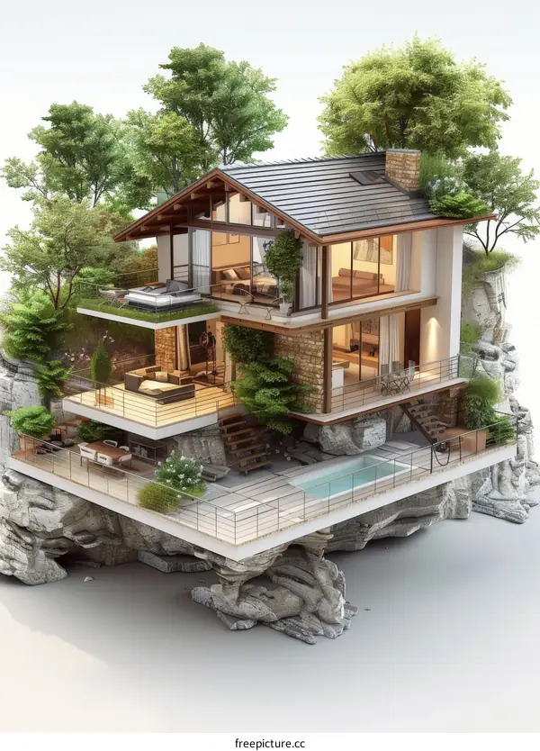 Modern Mountain House Illustration with Pool