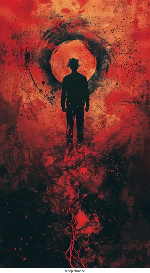 A dark figure stands alone in a red void