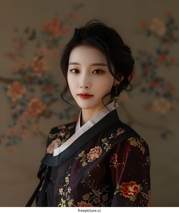 Portrait of a young woman in traditional Korean dress, or Hanbok