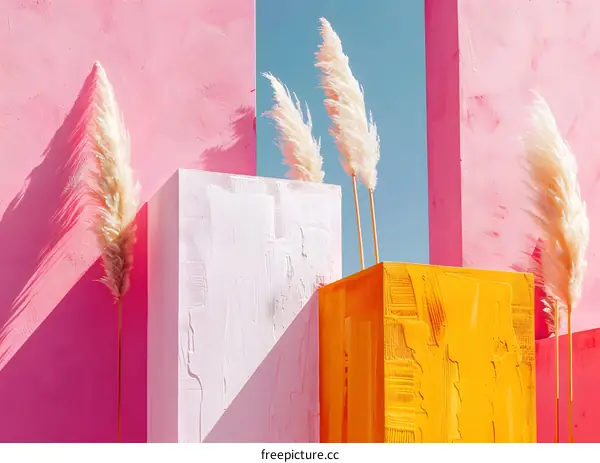 Colorful Geometric Shapes and Dried Pampas Grass in Front of a Pink Wall