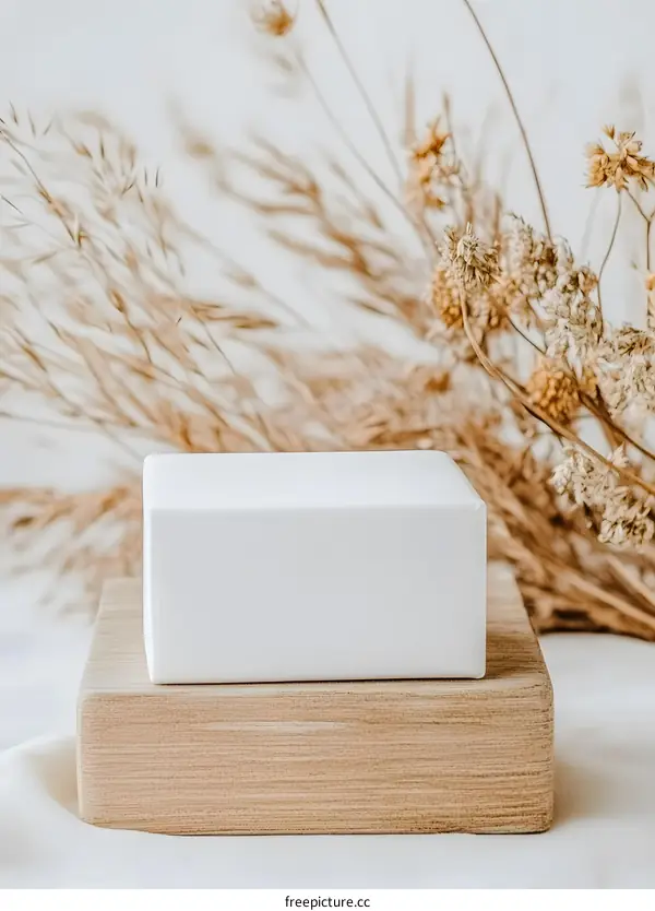 White Box on Wooden Platform with Dried Grass Background