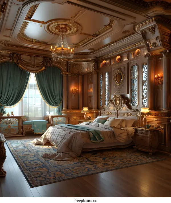 Ornate Golden Bedroom with Chandelier and Curtains