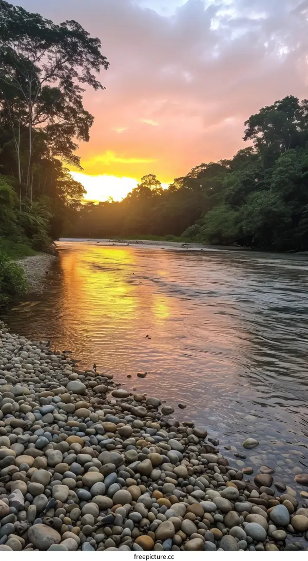 Sunset over the river in the jungle