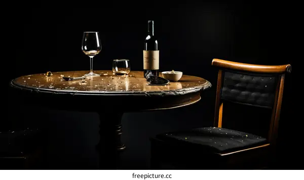 An empty wine bottle and glass on a table