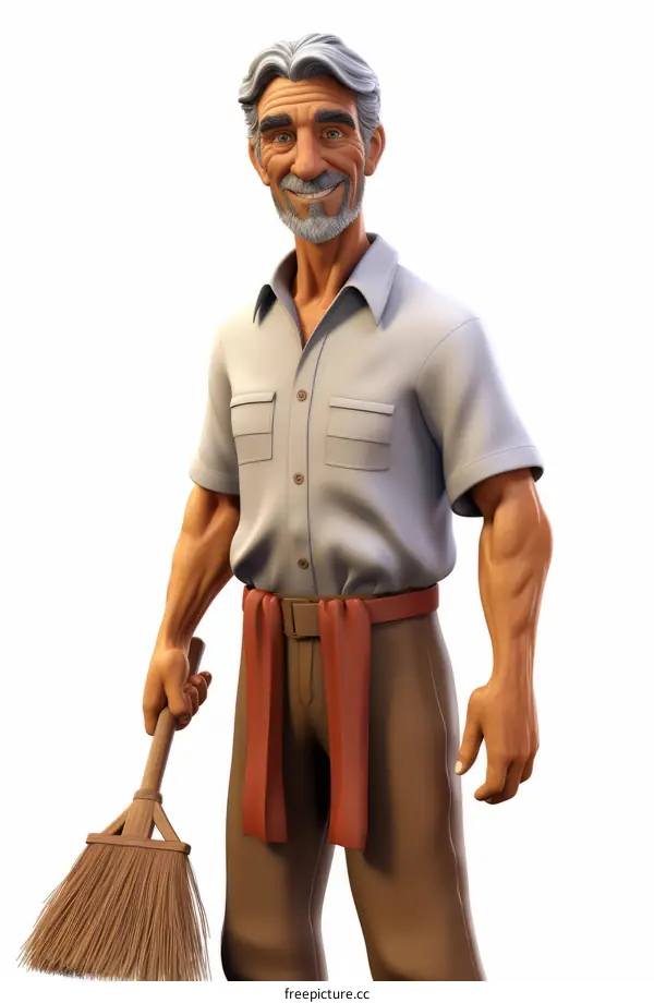 An old man with a beard is holding a broom