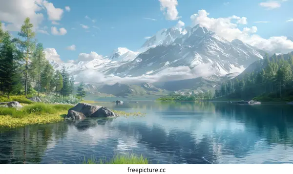 Snow-Capped Mountains Reflected in Crystal-Clear Lake