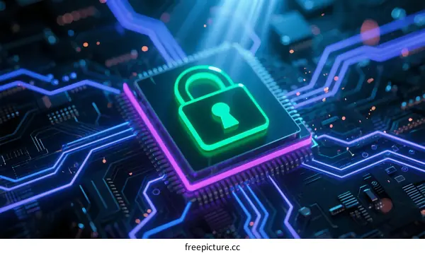 Secure Microchip with Neon Security Lock in Circuit Board